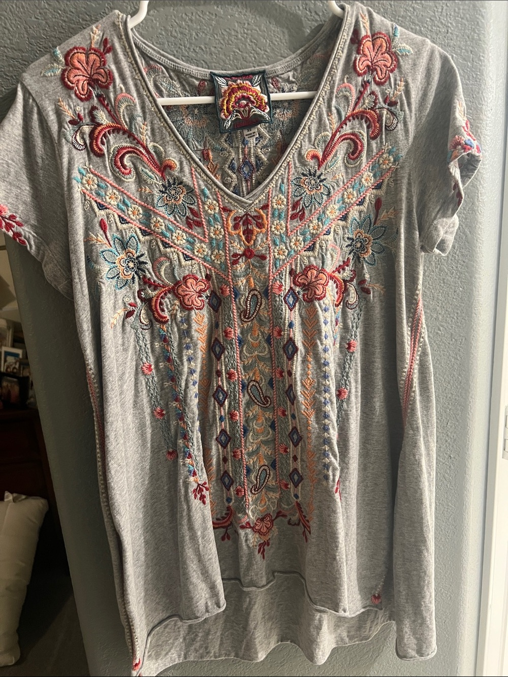 Johnny Was Gray Tunic Top with Coral, Teal & Gold Embroidery